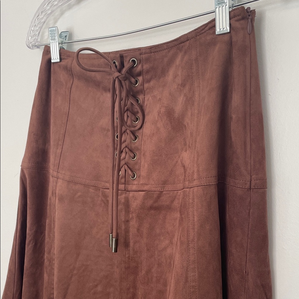 Jacqui E Mocha Faux Suede Cordelia  Lace-Up Midi Skirt size Small